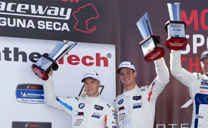 IMSA WeatherTech SportsCar Championship, Laguna Seca: Jesse Krohn und John Edwards (BMW Team RLL) auf dem Podium