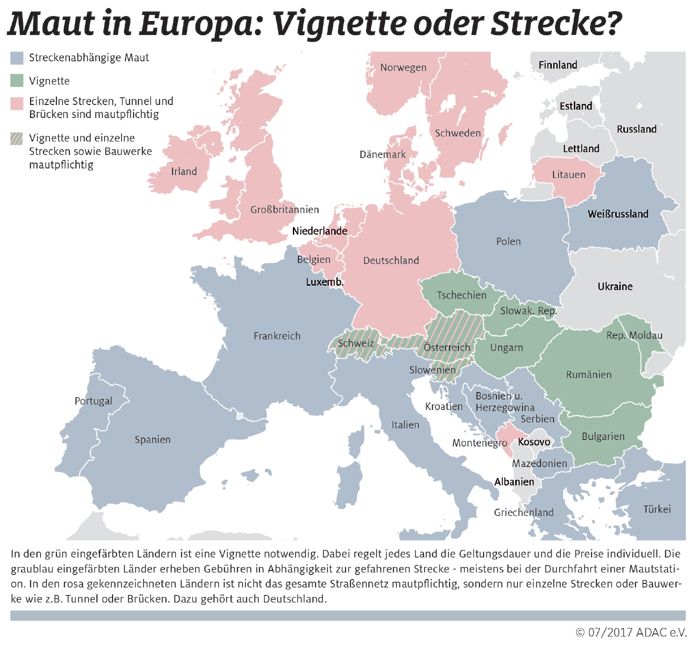 Vignette oder Streckenmaut? So sieht es in Europa aus.