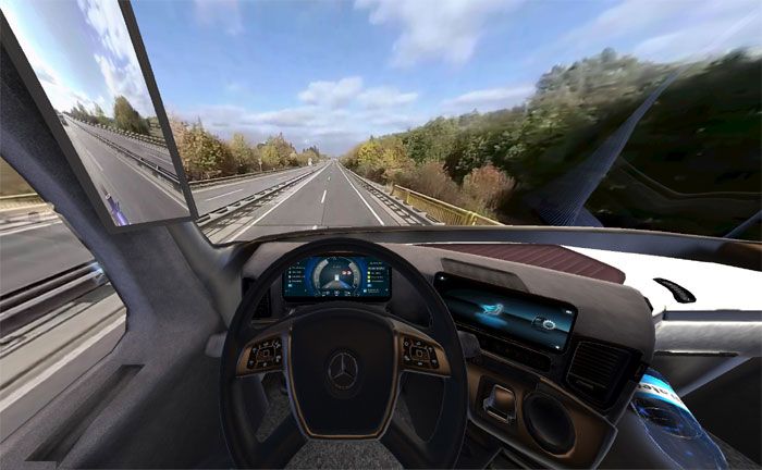Blick in die 3D-Brille: Die Lkw-Fahrer sehen beim Test das virtuelle Cockpit des neuen Actros samt Fahrsituation