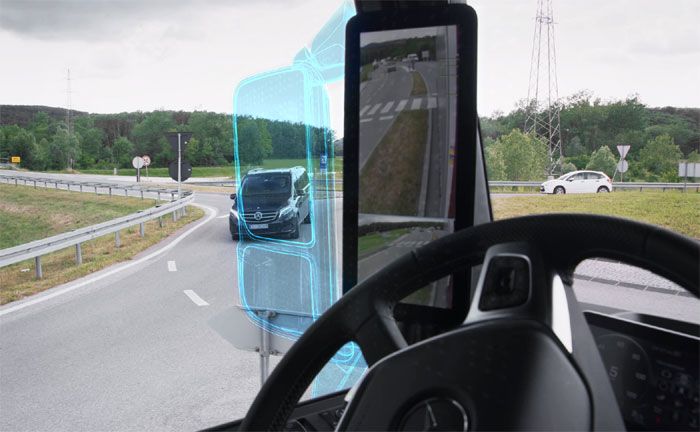 Mercedes-Benz Actros mit MirrorCam: Durch den Wegfall der klassische Spiegel freie Sicht du rch die Seitenscheibe. Der markierte Bereich verdeutlicht den Sichtgewinn.