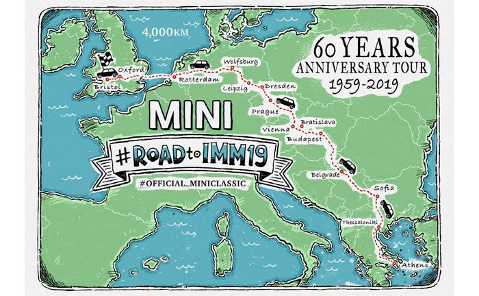 Karte des Roadtrips zum International Mini Meeting in Bristol, England
