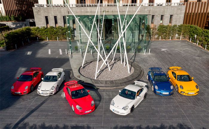Alle sechs Generationen des Porsche 911 GT3 (v.r.: 997.2, 997.1, 996.1, 996.2, 991.1, 991.2)