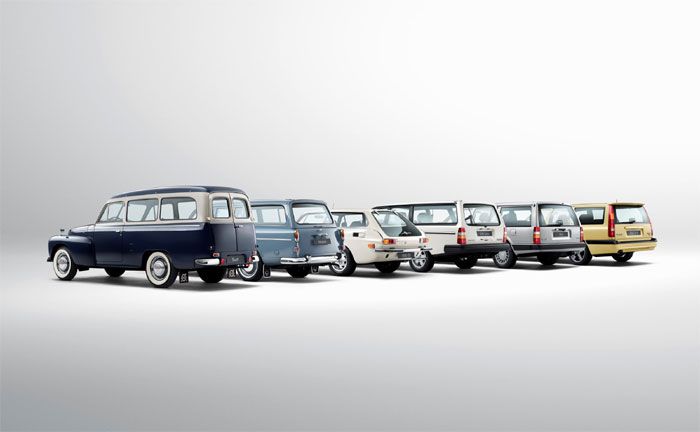 Volvo Duett, Volvo Amazon Kombi, Volvo 1800 ES, Volvo 240 Turbo Kombi, Volvo 960 und Volvo 850 T5-R (v.l.n.r.)