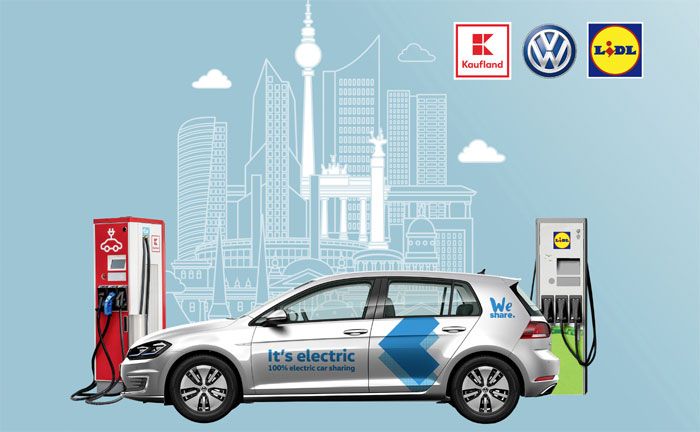 Die elektrische WeShare-Flotte von Volkswagen in Berlin ldt knftig auch an den 140 neuen Ladesulen von Lidl und Kaufland.