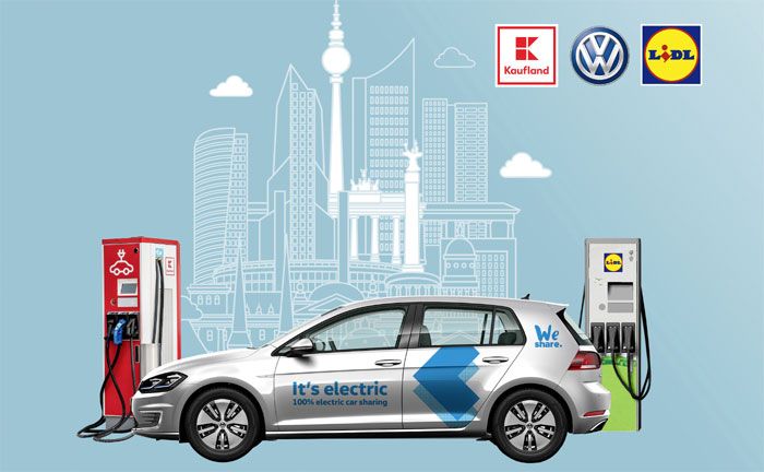 Die elektrische WeShare-Flotte von Volkswagen in Berlin ldt knftig auch an den 140 neuen Ladesulen von Lidl und Kaufland.