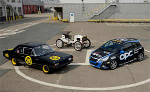 Opel Rekord C von 1968; Opel 10/12 PS Rennwagen von 1903 und der Opel Corsa D OPC, fürs Race Camp 2009